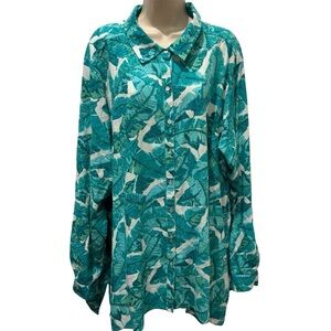 Westbound‎ Blue Tropical Palm Leaf Print Linen Blend Button Up Blouse Size 3X